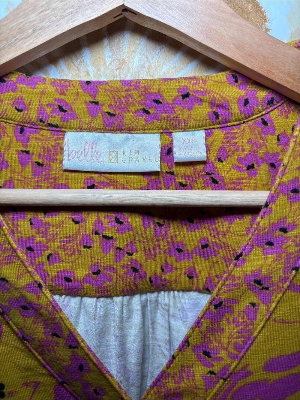 Belle by Kim Gravel Mustard & Magenta Floral Boho Blouse | Long Sleeve Split Top - Picture 3 of 10